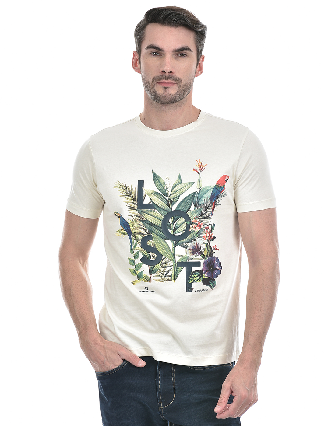 Numero Uno Men Tropical Print Cream T-Shirt